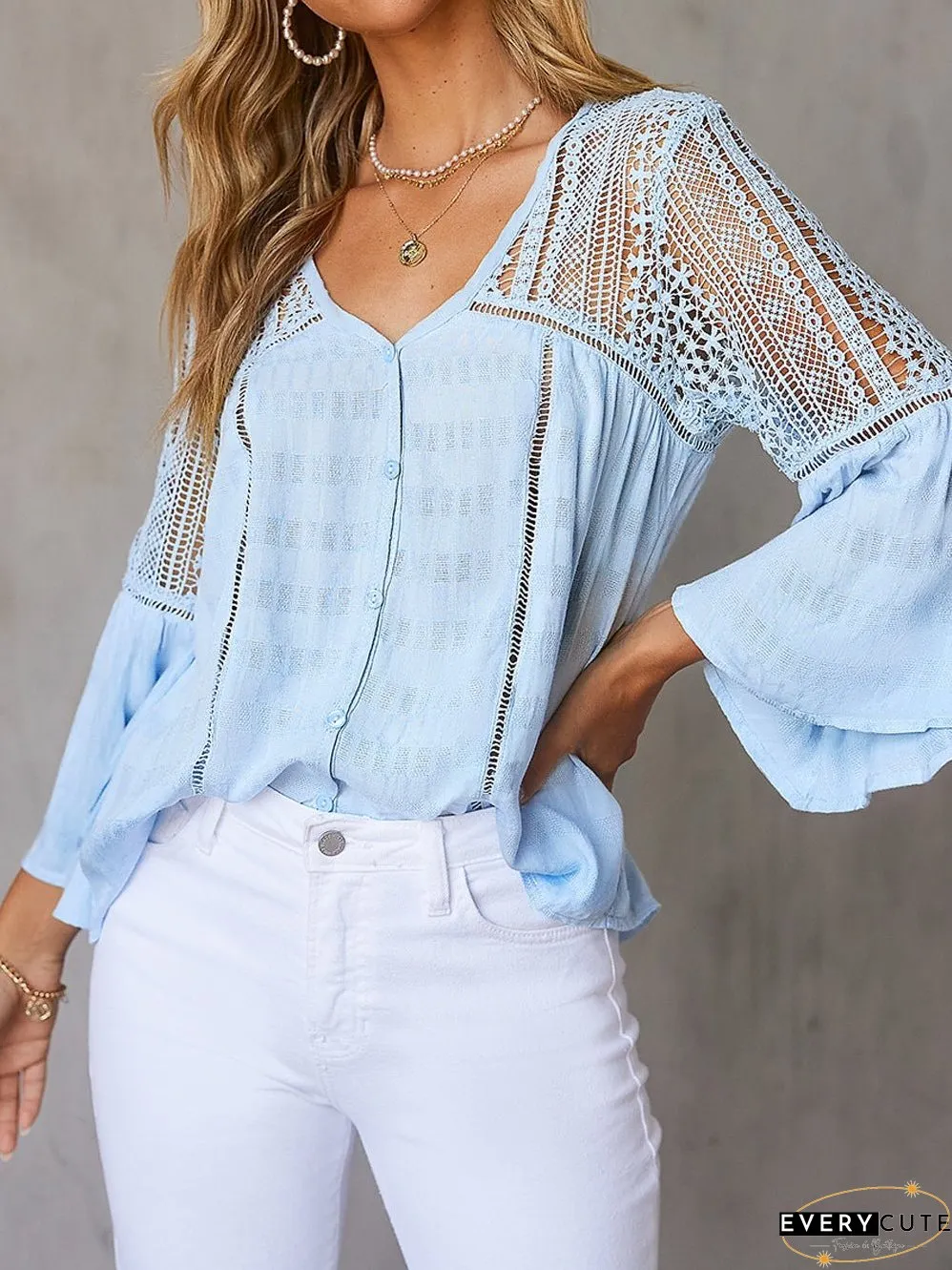 Casual Crochet-Detail Button-Up