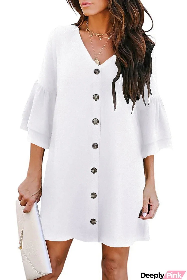 V Neck Buttoned Bell Sleeve Shift Shirt Dress