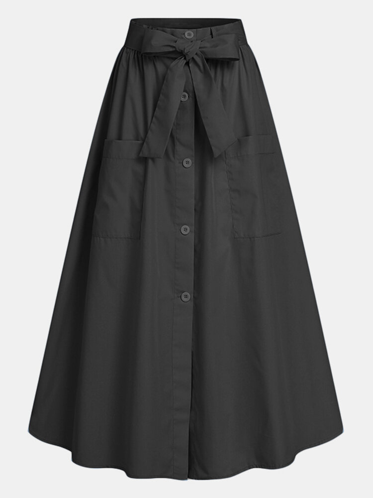 Solid Color Button Pocket Knotted Long Casual Skirt for Women