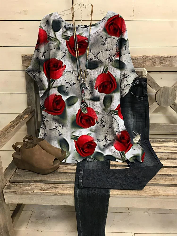 Women's Rose Printed Round Neck T-Shirt