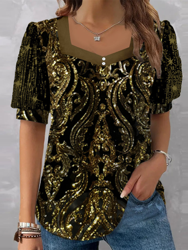 Women's Short Sleeve V-neck Graphic Printed Sequins Stitching Top