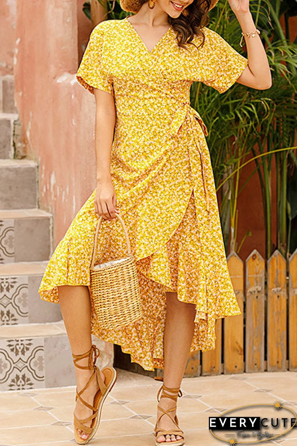 Floral Lace-up Ruffled Chiffon Dress