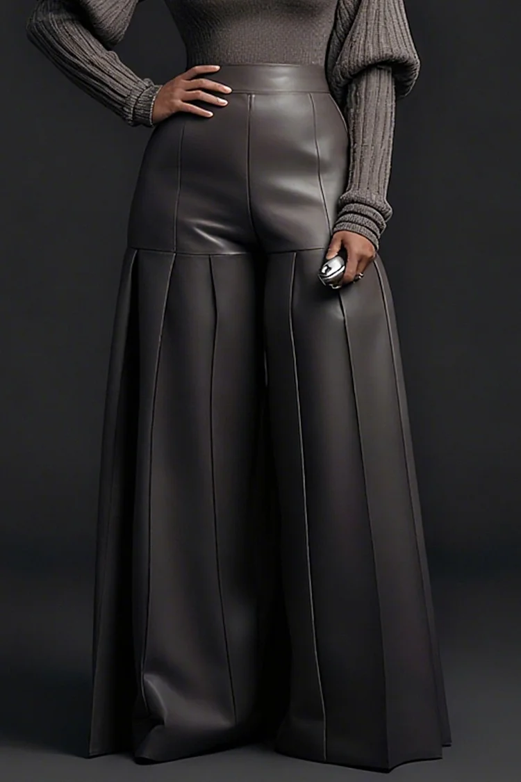 Plus Size Business Casual Grey Pocket Casual Wide Leg PU Leather Pants [Pre-Order]