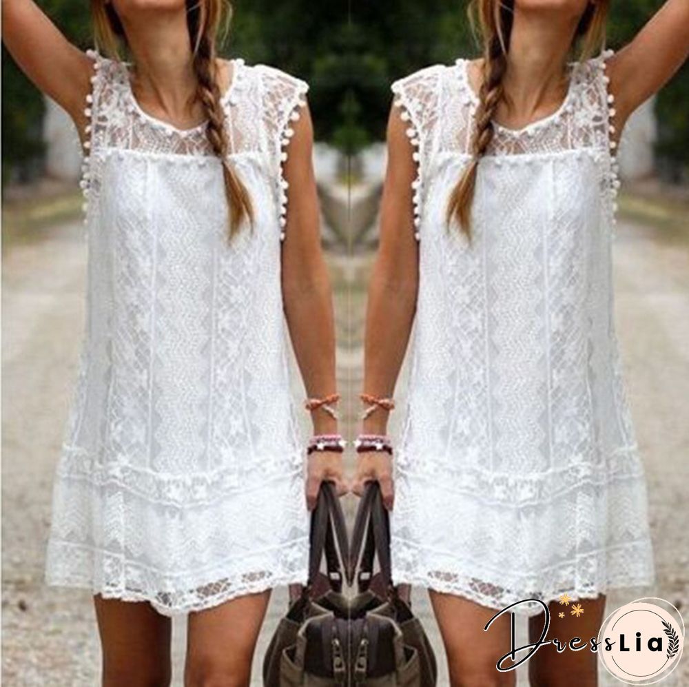 Summer dresses for women Summer Dress Fashion Sexy Women Casual Sleeveless Beach Short Tassel Solid White Mini Lace Vestidos Plus Size(S-5XL)