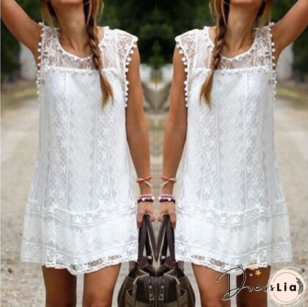 Summer dresses for women Summer Dress Fashion Sexy Women Casual Sleeveless Beach Short Tassel Solid White Mini Lace Vestidos Plus Size(S-5XL)