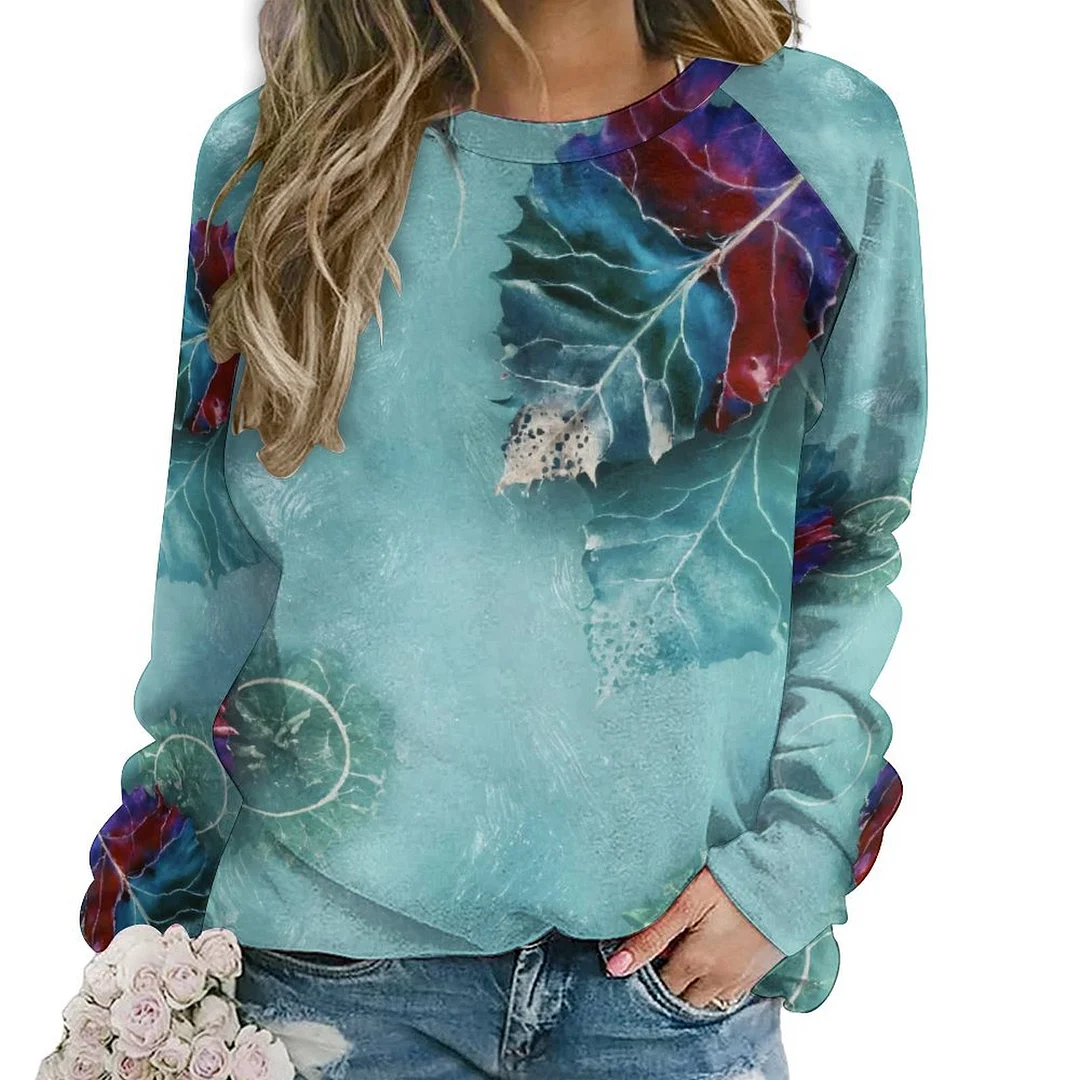 Printed Long Sleeve Casual Sweatshirt for  Women and Men Unisex Pattern Leaf, Green, Red
