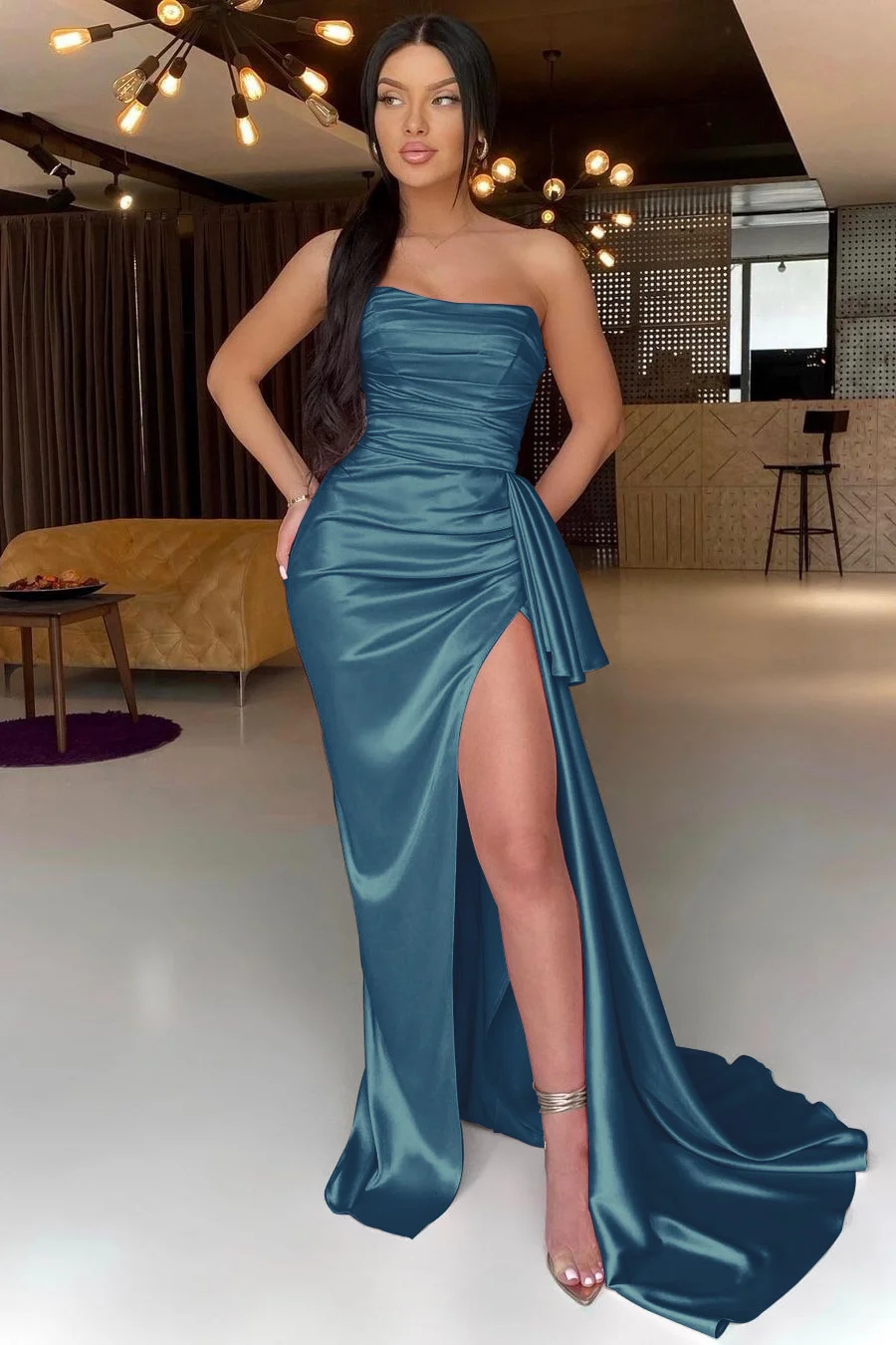Elegant Long Pink Sleeveless Front Split Satin Prom Dress With Beading