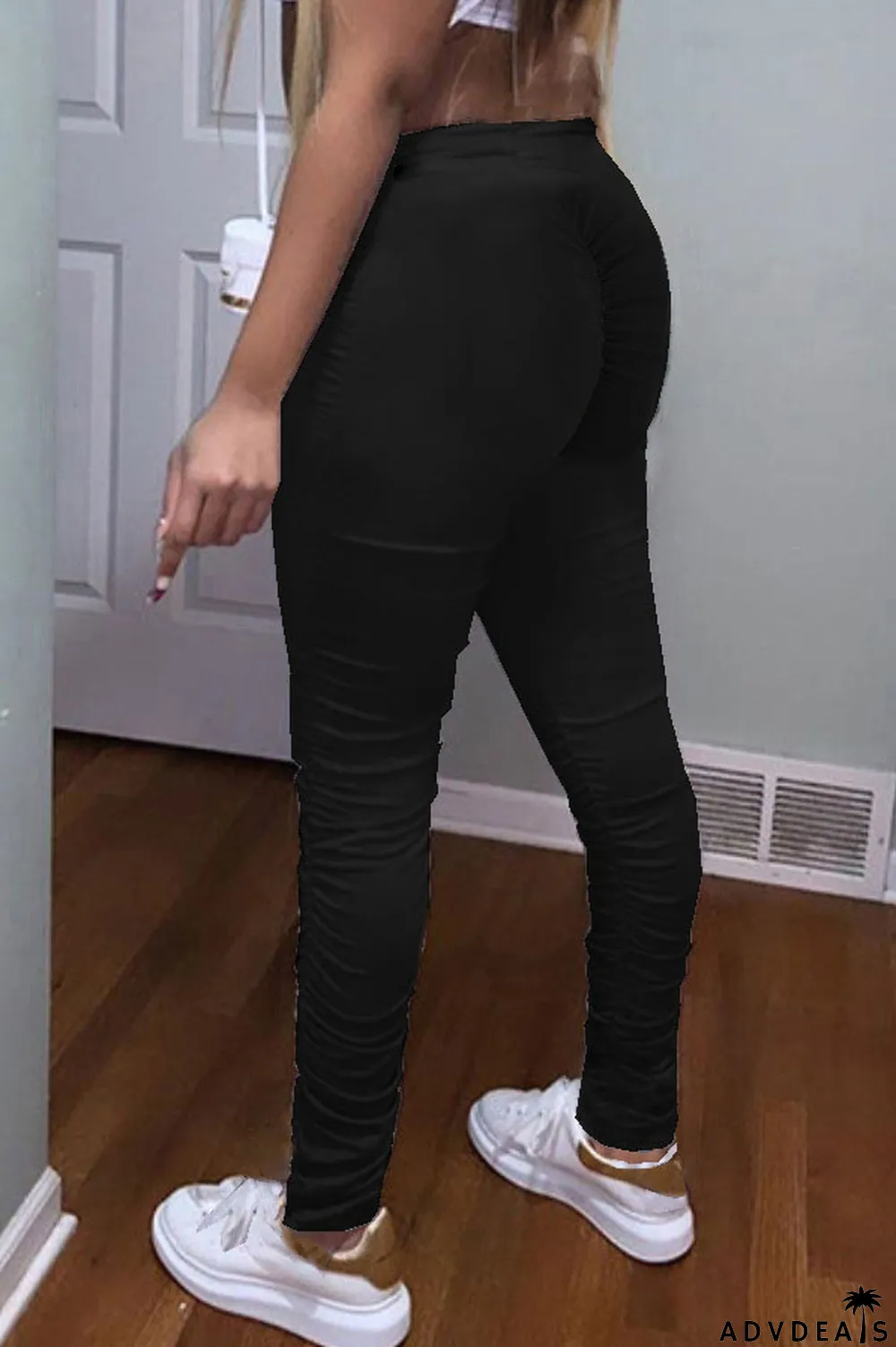 Blue Cotton Elastic Fly High Solid Draped pencil Pants Bottoms