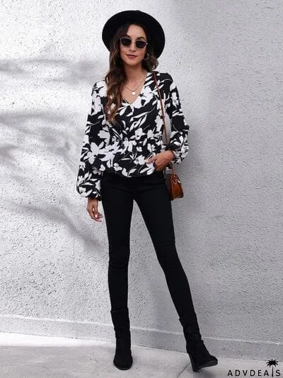 Floral V-Neck Balloon Sleeve Peplum Blouse