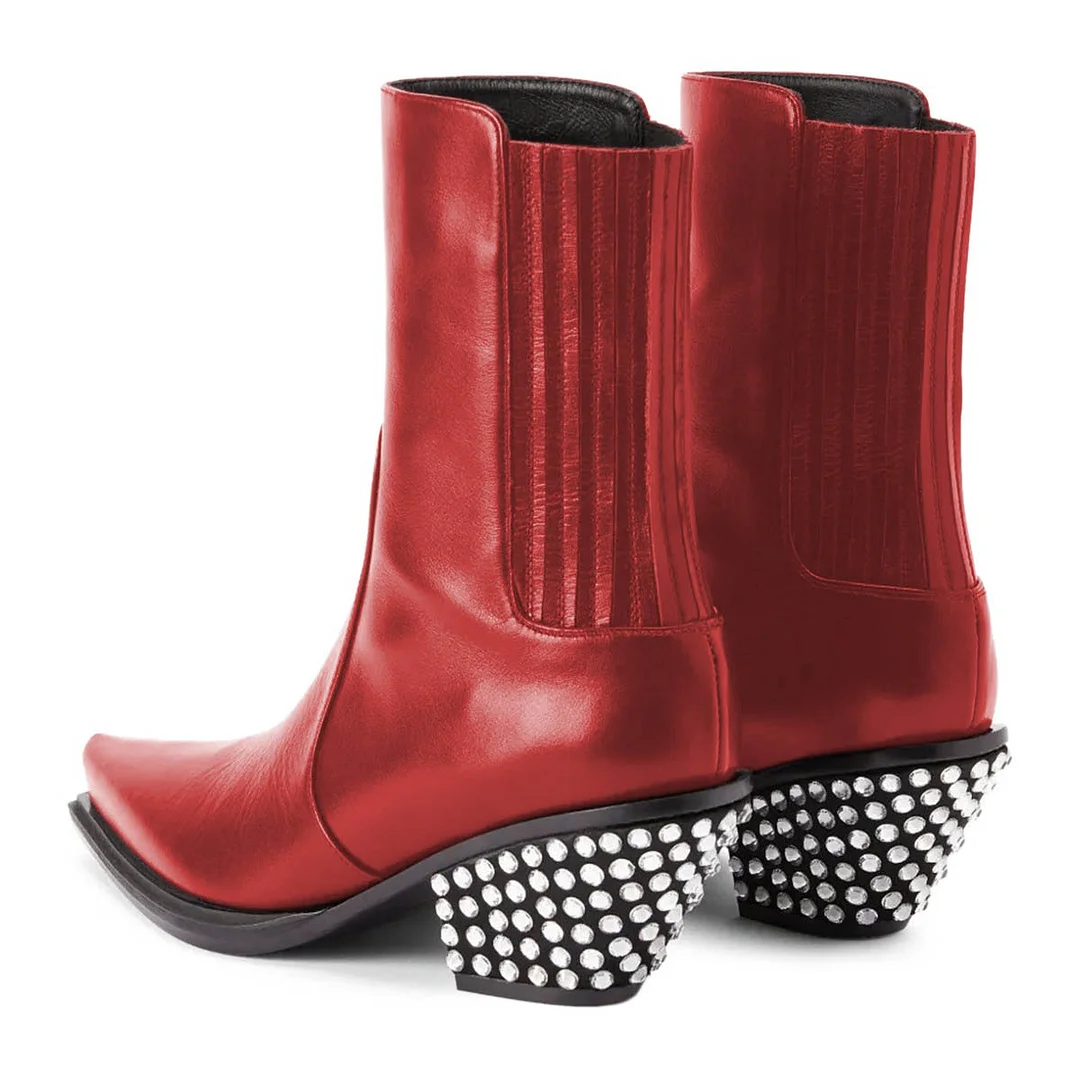 Vegan Leather Rhinestone Red Pointed Toe Cowgirl Boots for Women