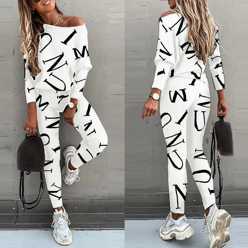 Woman Letters Printed Long-sleeved Pants Suit Leisure Suit