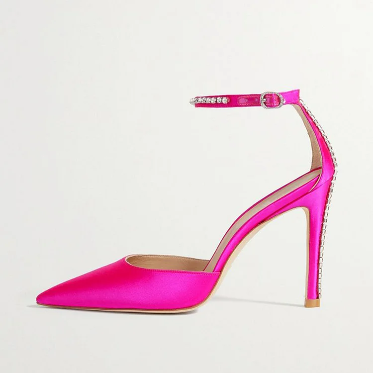Hot Pink Stiletto Satin Pumps Women'S Pointed Rhinestones Shoes Ankle Strap Wedding Heels |FSJ Shoes