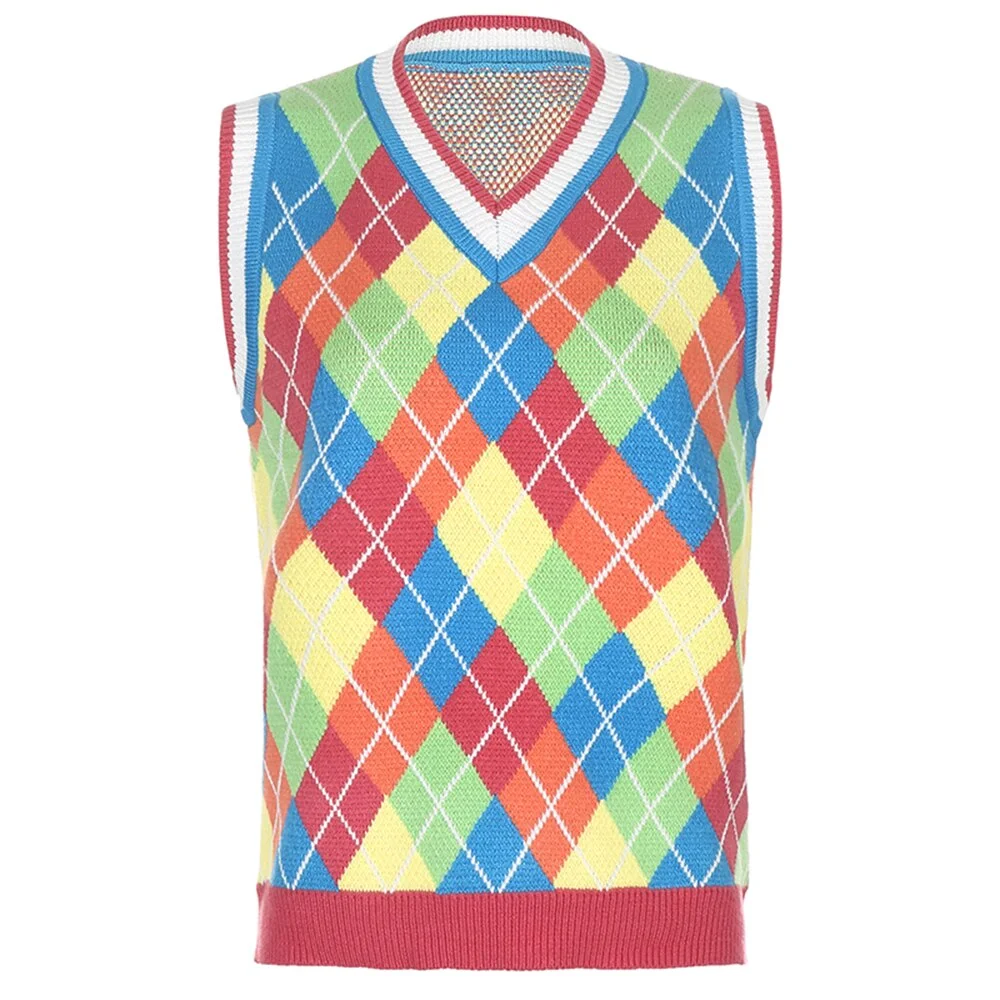 Rainbow Y2K Knitted Sweater Vest Argyle Plaid Tank Top Crop Top Sweater Ladies Women Preppy Style Autumn Casual Style Knitwear