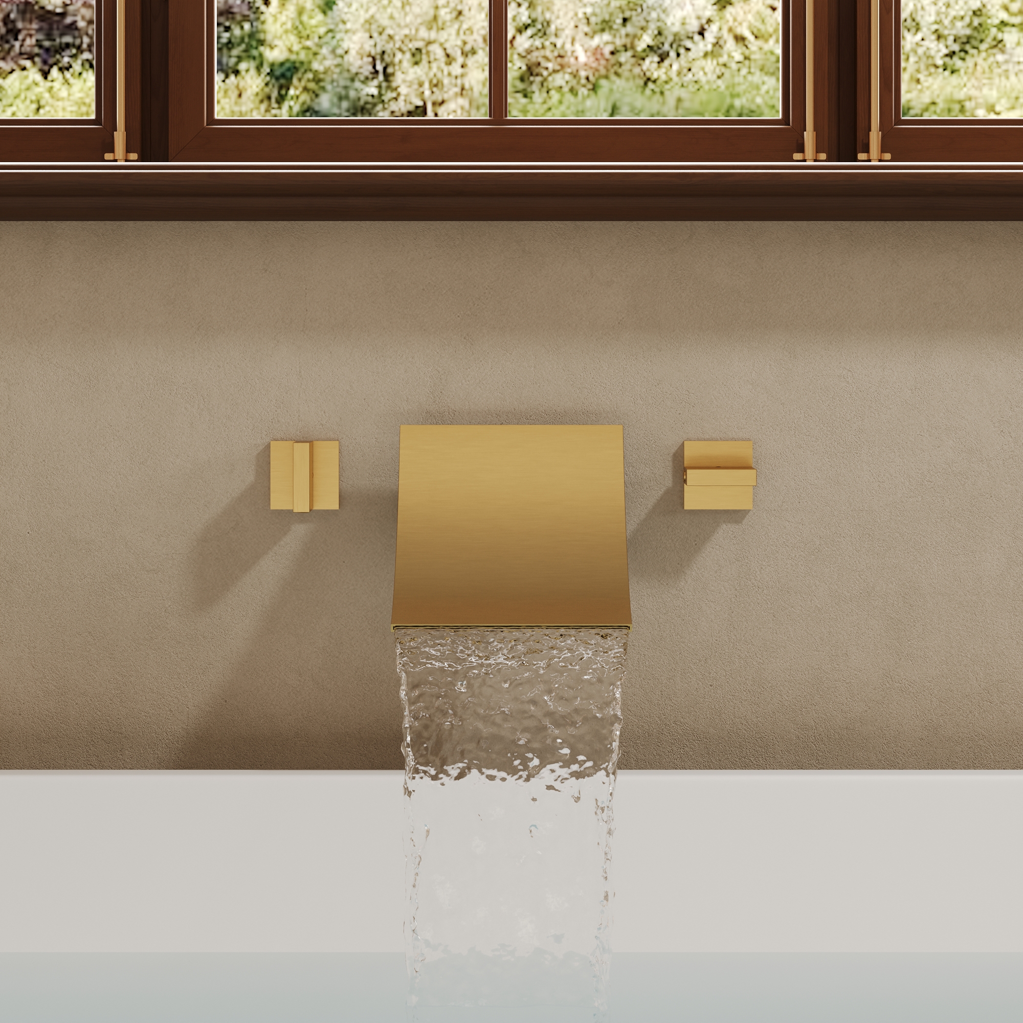 GRANDJOY Wall-Mounted 6 in. Waterfall Tub Filler Faucet with Dual Handles, 6.6 GPM High Flow Rate, Solid Brass Valve, Brushed Gold