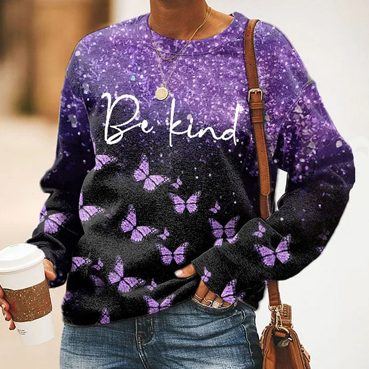 Be Kind Butterfly Print Round Neck Sweatshirt