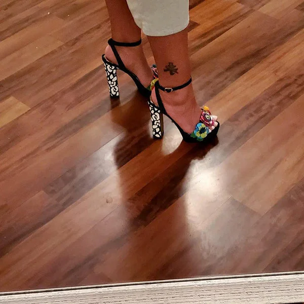 Colorful 3D Flowers Snake Embossed Ankle Strap Heels