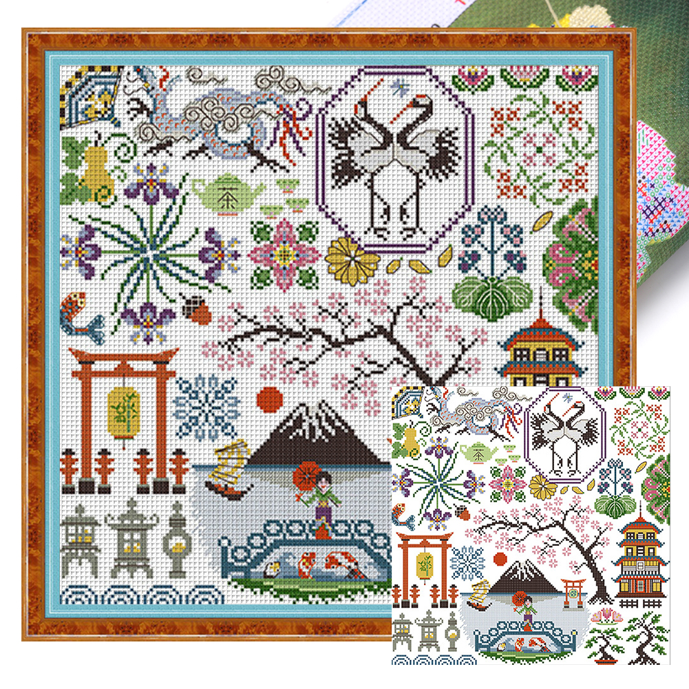 Mount Fuji Jigsaw Puzzle Partial 14CT Pre-stamped Canvas(37*37cm) Cross Stitch(backstitch)