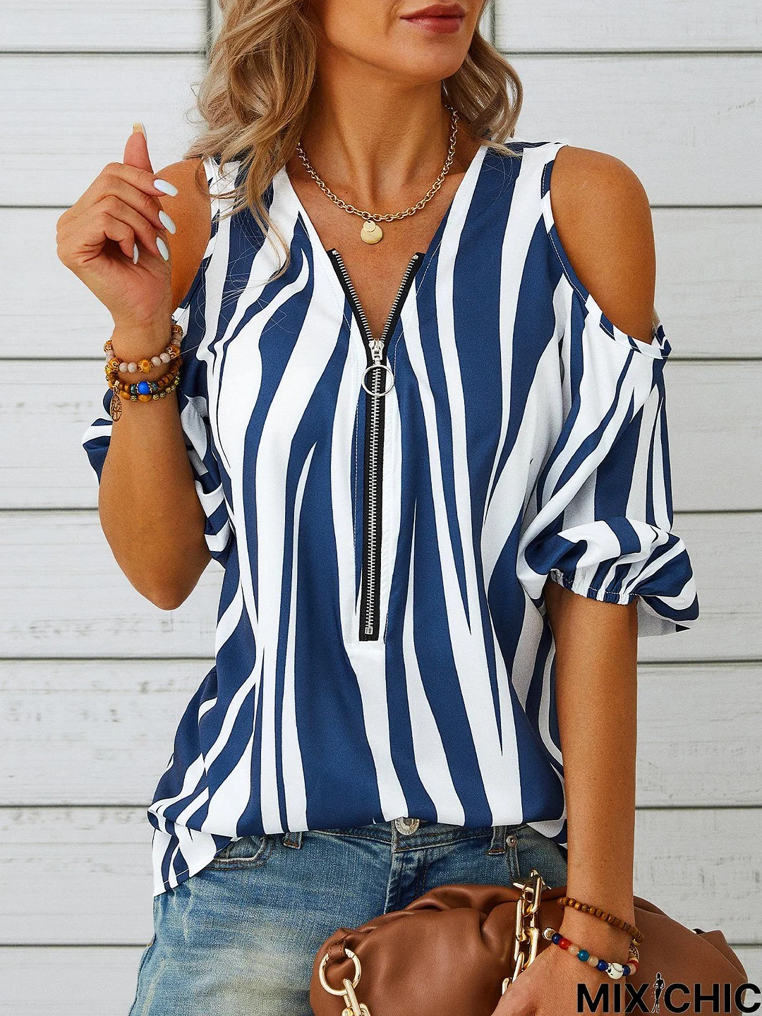 Striped Casual V Neck Short Sleeve Top