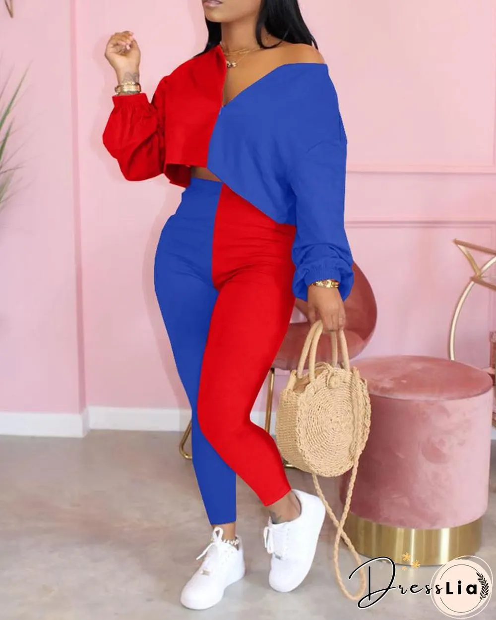Colorblock V-neck Crop Top & High Waist Pants Set