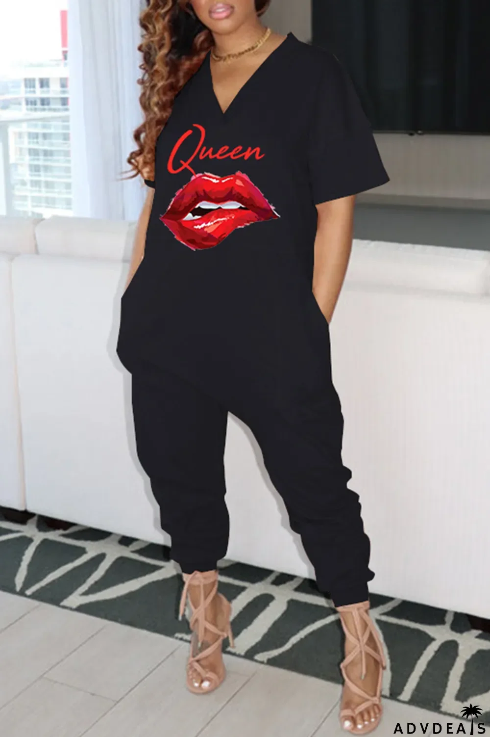 Green Fashion Casual Print Basic V Neck Regular Jumpsuits