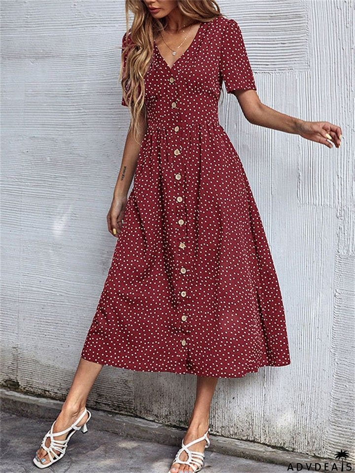 Trendy Style Button Decorated V Neck Polka Dots Printed Dresses