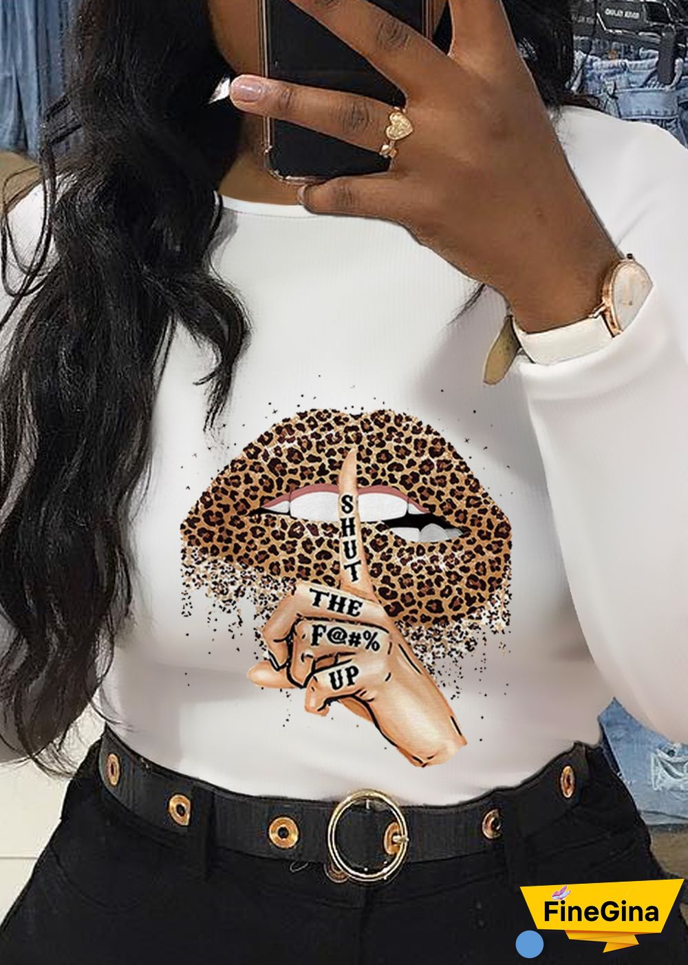 White Street Lips Printed Patchwork O Neck Tops