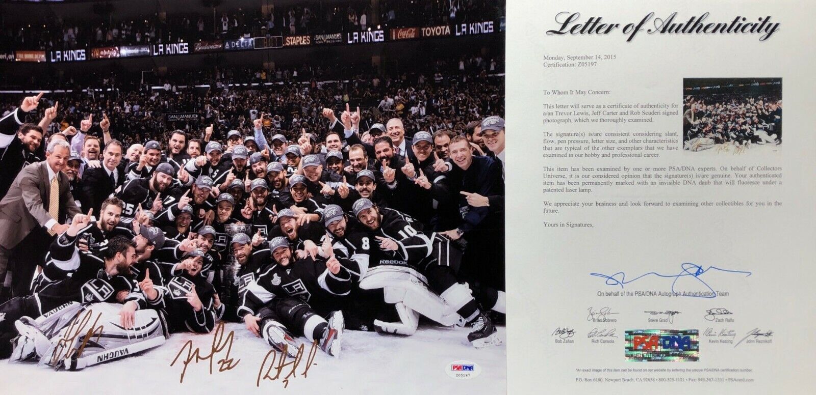 Jeff Carter Trevor Lewis Rob Scuderi Signed Los Angeles Kings 11x14 Photo Poster painting PSA