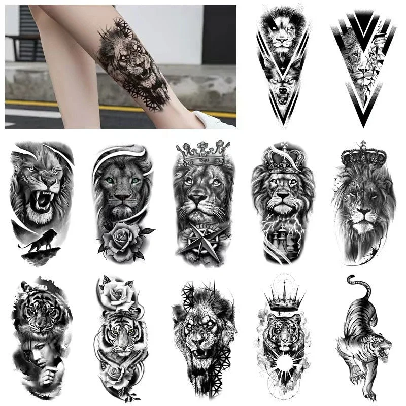 12sheets Lion Tiger Waterproof Tattoo Stickers Men Women Half Arm Calf Water Transfer Fake Tattoo Animal Pattem Temporary Tattoo