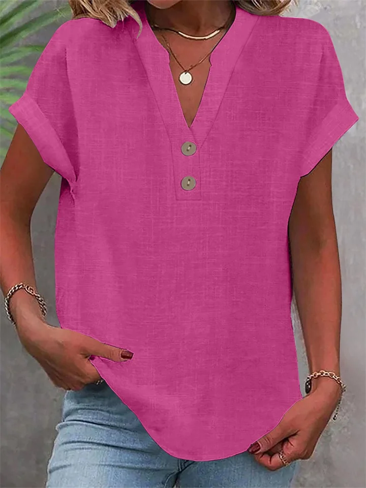 Summer Solid-Color Stand-Up Collar Button-Down Short-Sleeve Women's Shirt-JRSEE