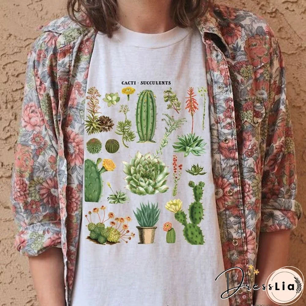 Women Vintage Fashion Arizona Cactus Succulents T-Shirt Desert Graphic Tee Aesthetic Cute White Top