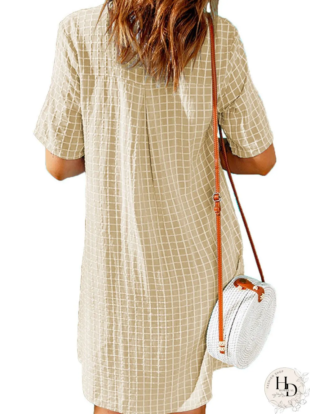 Women's Casual Shirt Short Skirt Lapel Plaid Loose Short Sleeve Dress White Dress