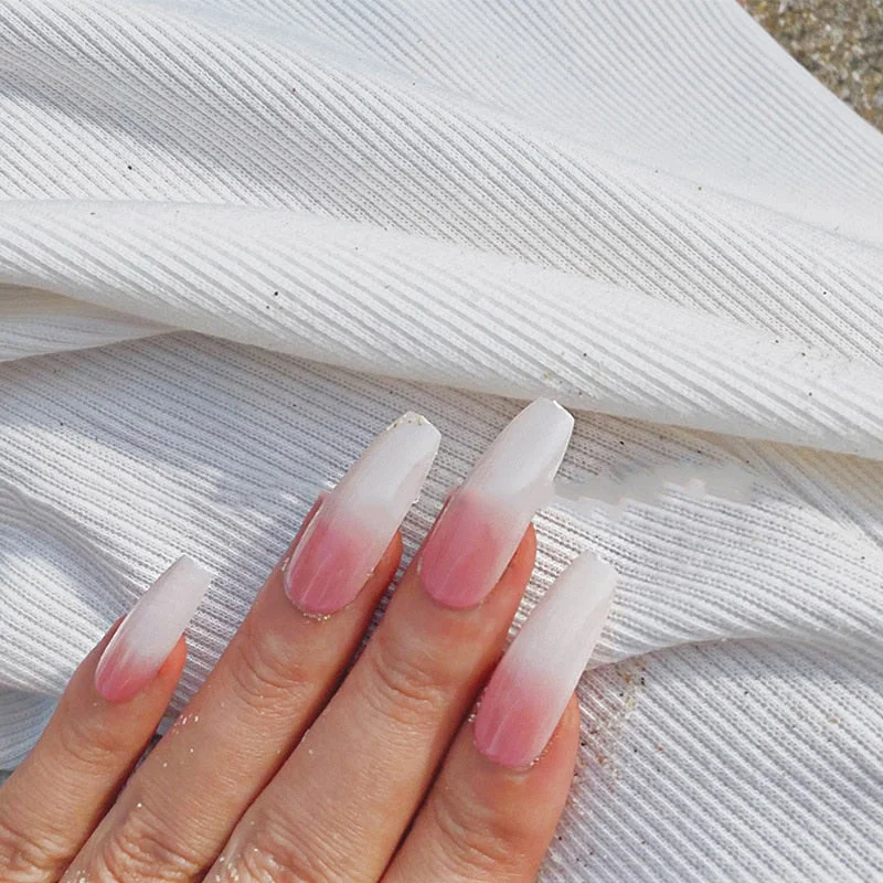 24pcs Fake long fingernail Ballet Nude color transparent Pink cloud Manicure patch press on nails with designs for girls sticker-Nail Inspo