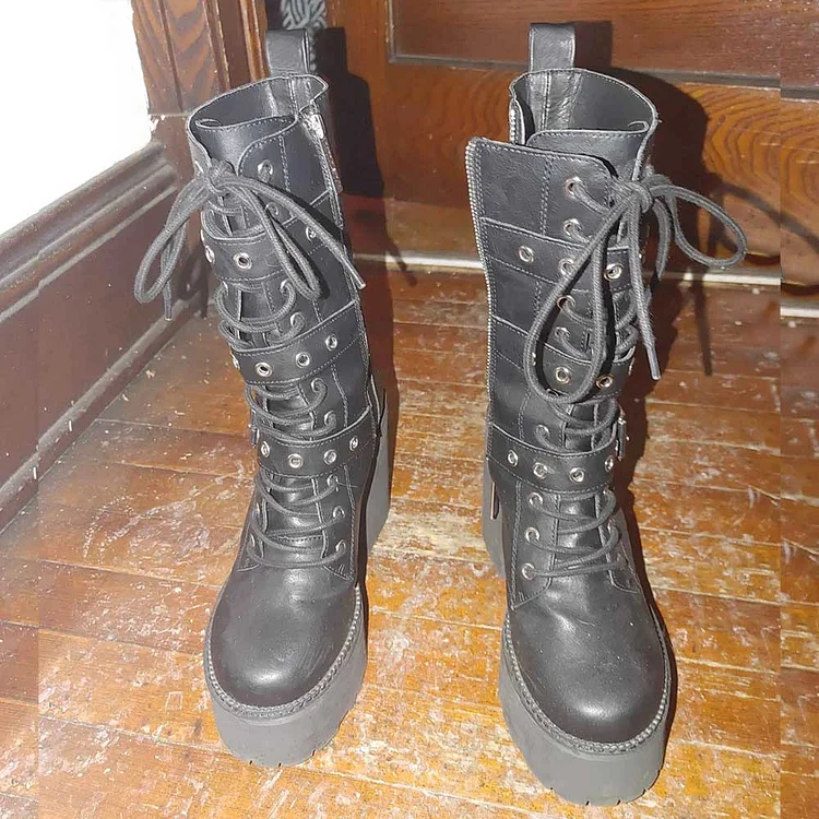 Custom Made Black Lug Sole Lace Up Boots for Women |FSJ Shoes