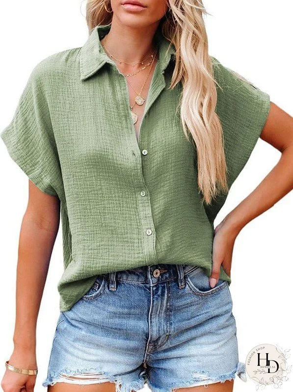 Versatile Solid Collar Loose Fit Blouse with Short Sleeves
