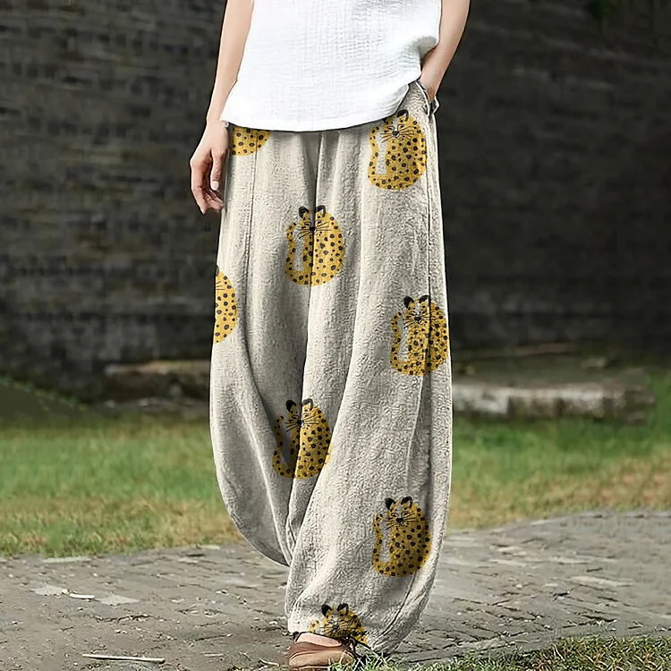 Women‘s Cute Tiger Pocket  Linen Blend Pants