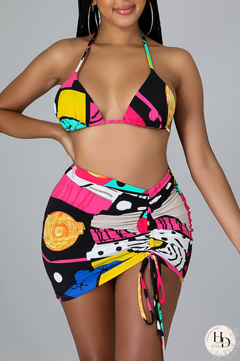 Pink Sexy Print Split Joint Halter Long Sleeve Two Pieces