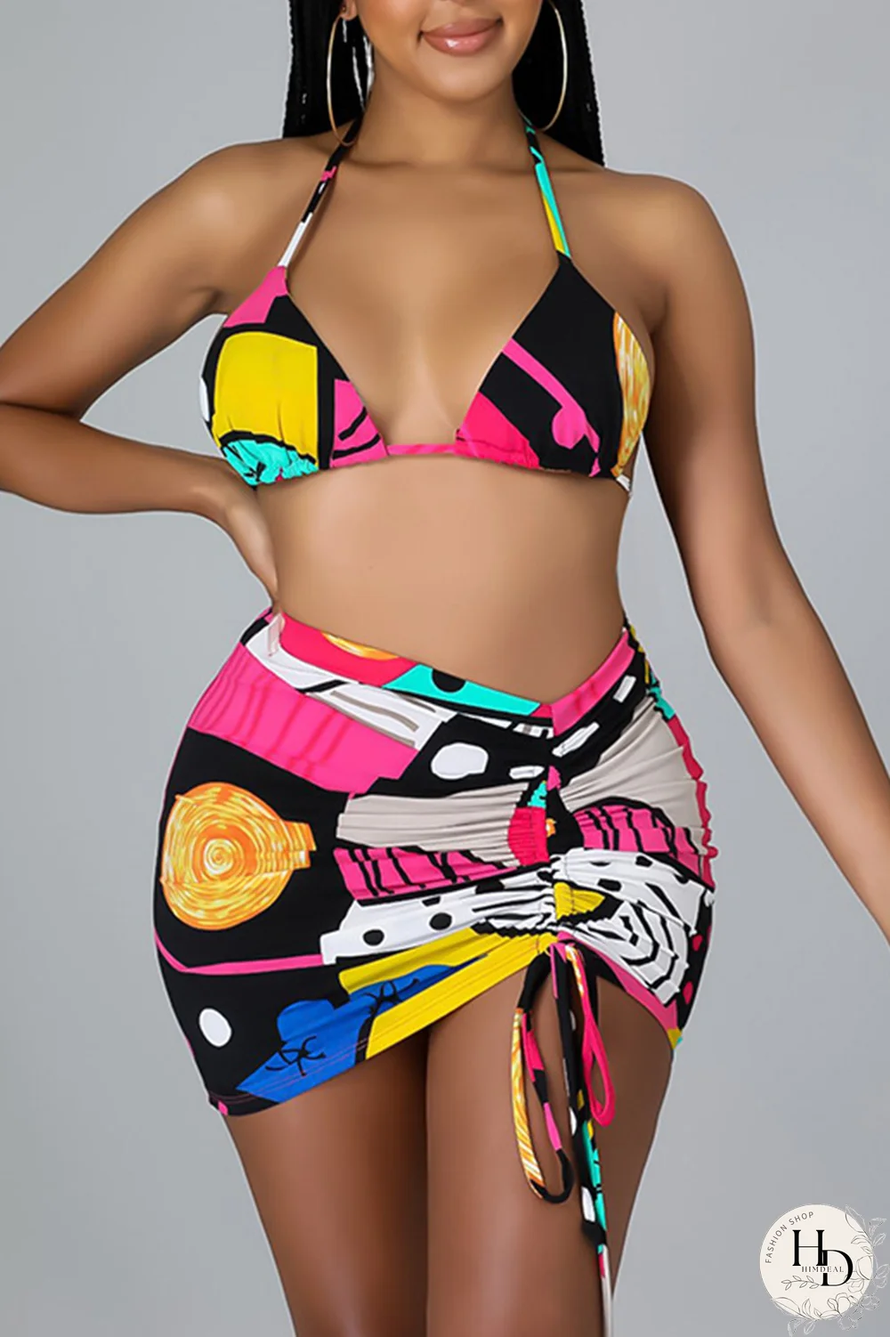 Pink Sexy Print Split Joint Halter Long Sleeve Two Pieces