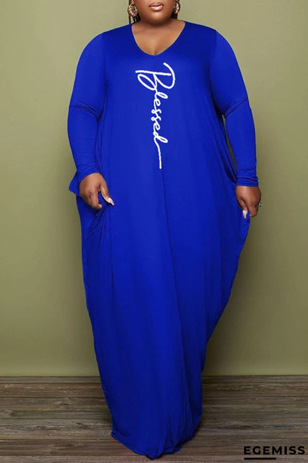 Deep Blue Fashion Casual Print Basic V Neck Long Sleeve Plus Size Dresses | EGEMISS
