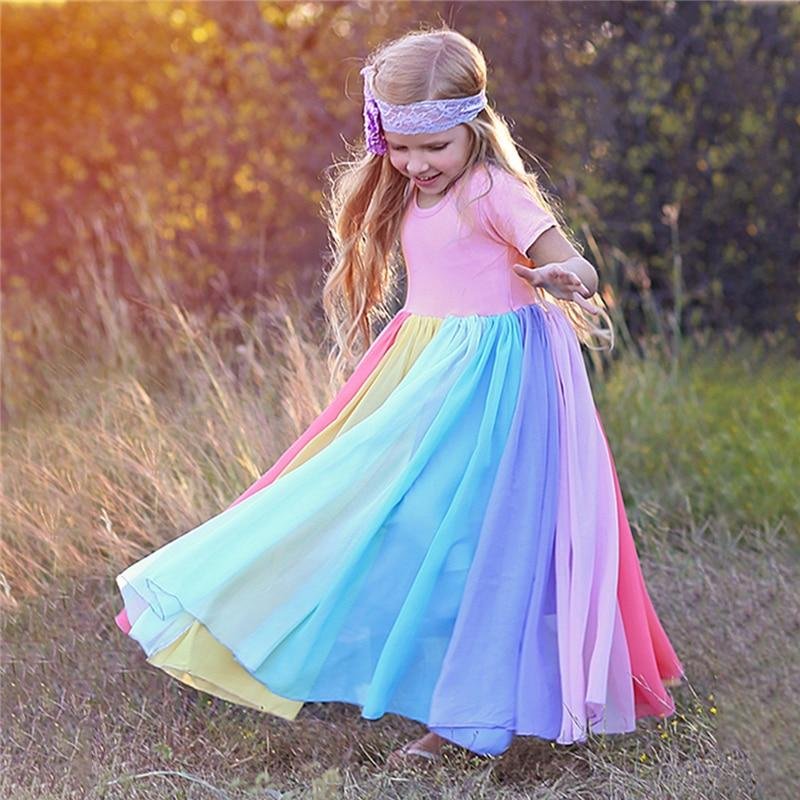 2021 Spring Girls Dress Brand New Arrival Kids Pastel Rainbow Dress Cotton Ankle-length Princess Dress for Girls Casual Clothing