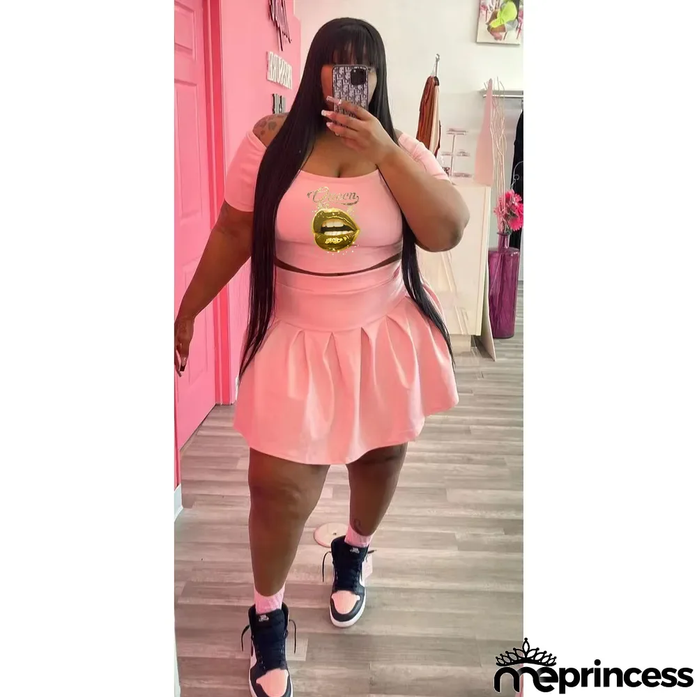 Fashion Plus Size Athleisure Pleated Skirt Two Piece Set