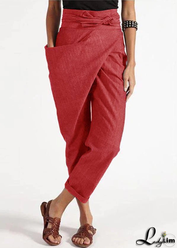 Handmade Red asymmetrical design High Waist Cotton Harem Summer Pants