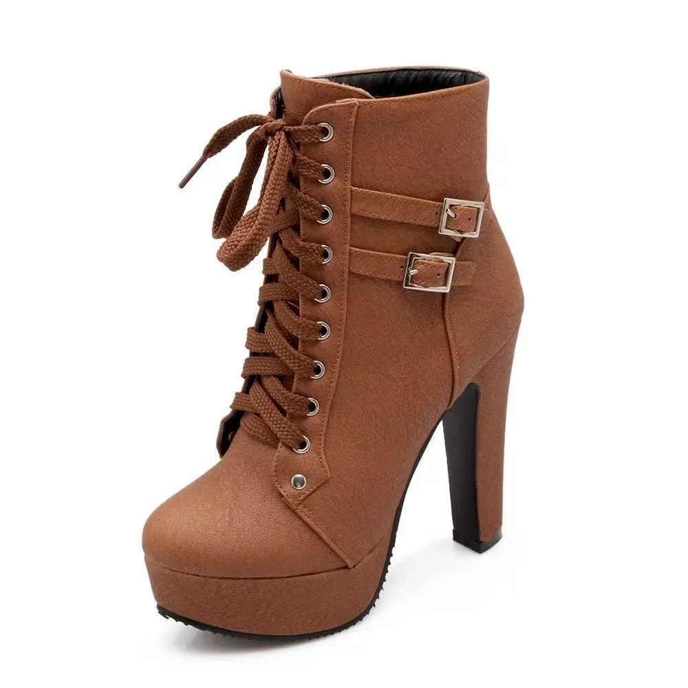 Breakj Breakj Cross-Tie Martin Boots Boots High Heel Women's Shoes Waterproof Belt Buckle Low-Spring Women's Boots