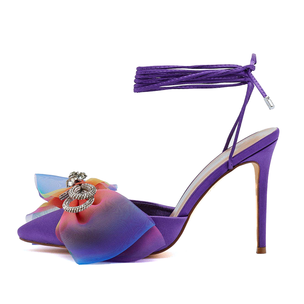 Purple Satin Pointed Toe Lace Up Stiletto Heels with Rainbow Bow Nicepairs