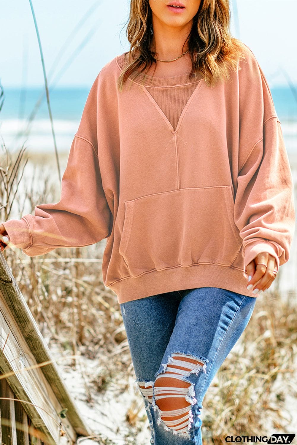 Drop Shoulder Sweatshirt with Kangaroo Pocket