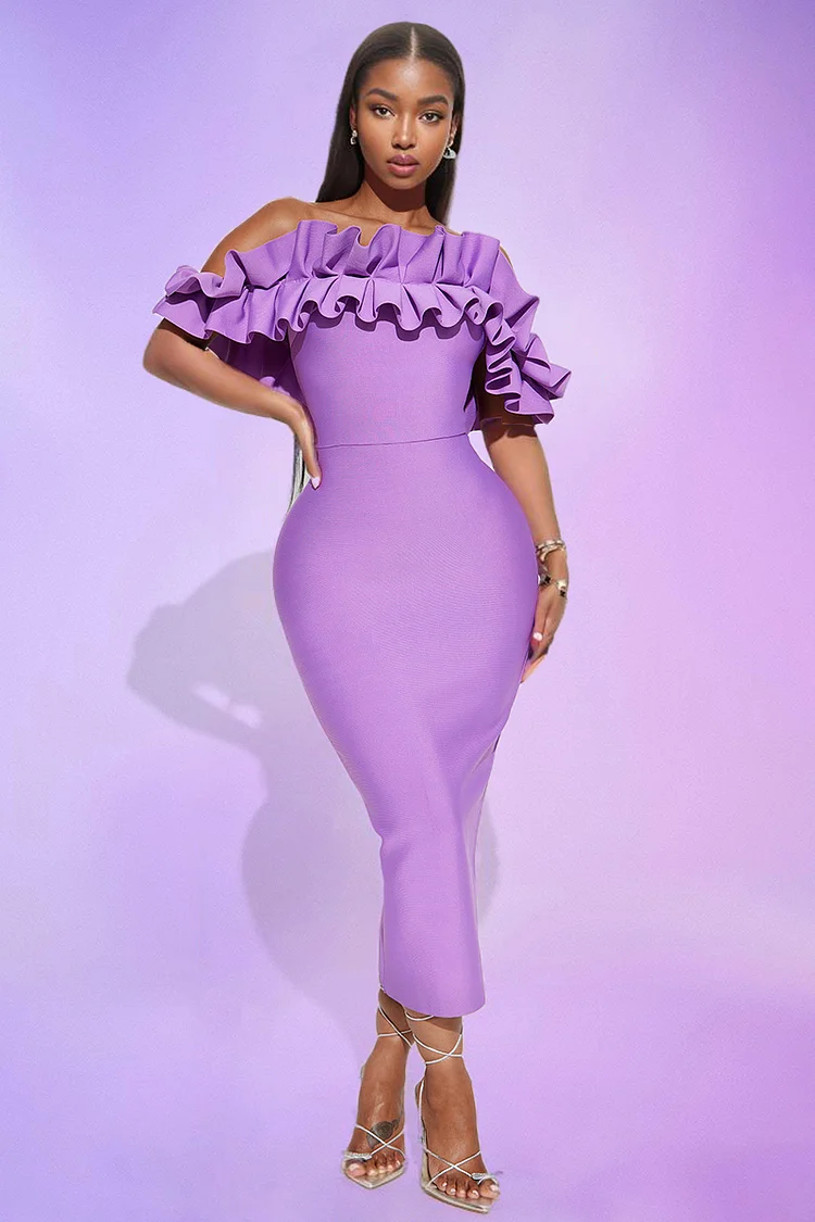 Cold Shoulder Ruffled Trim Bodycon Cocktail Party Midi Dresses [Pre Order]