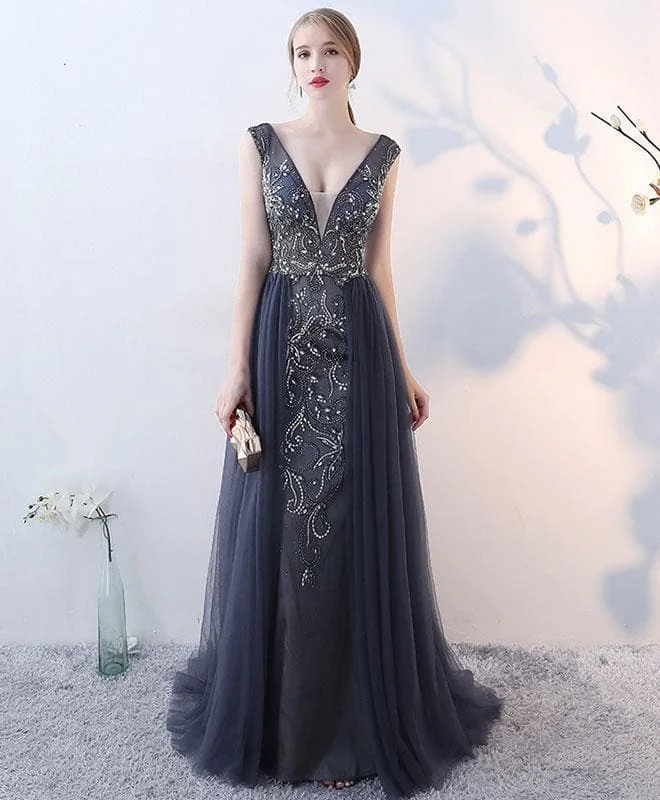 Gray V Neck Tulle Beads Sequin Long Prom Dress, Gray Evening Dress