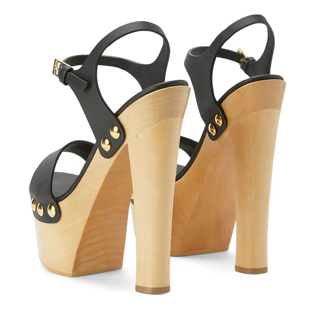 Open Round Toe Studded Platform Black Chunky Heels with Buckle Strap