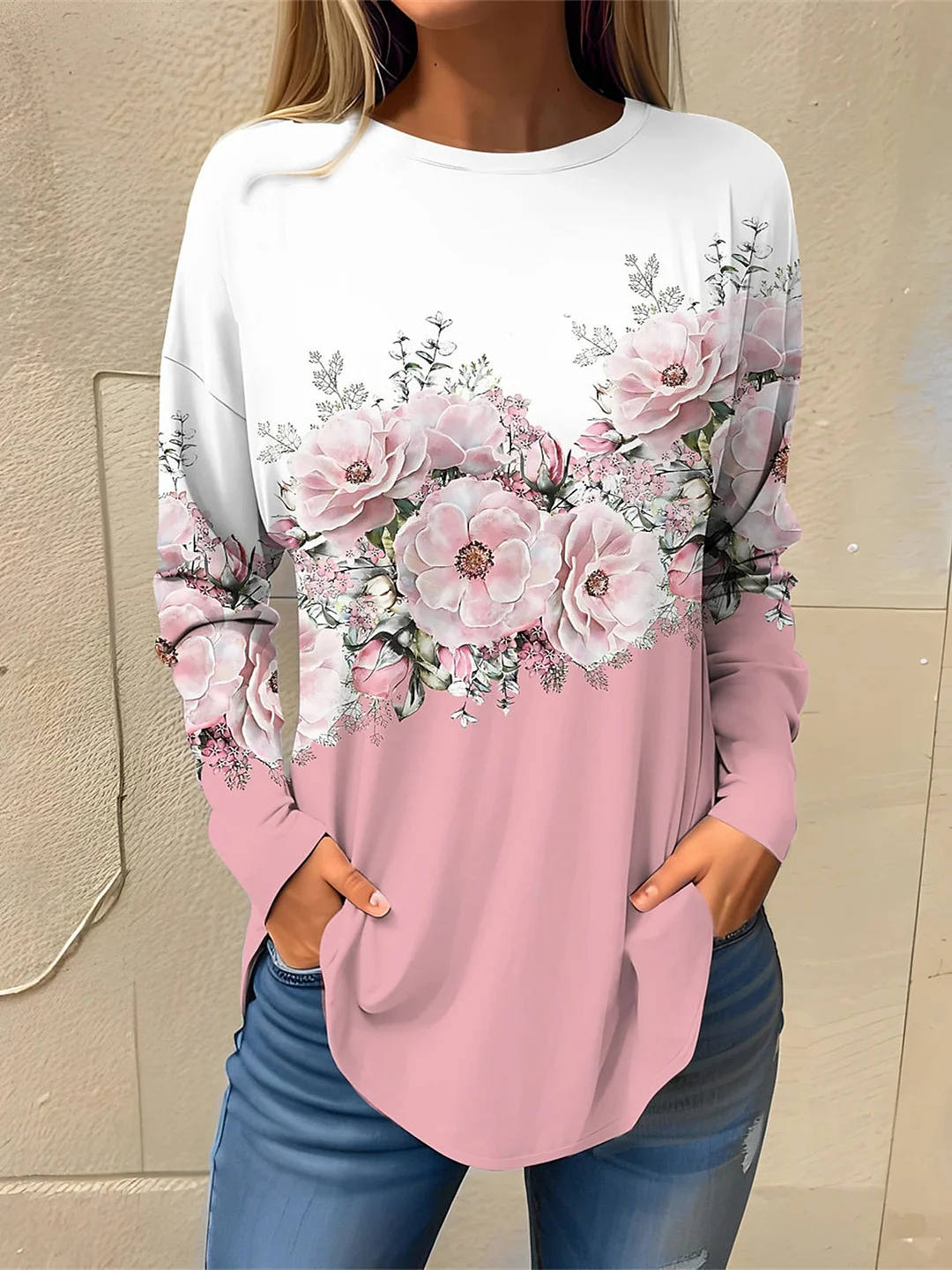 Women plus size clothing Women's Long Sleeve Scoop Neck Graphic Floral Printed Top-Nordswear