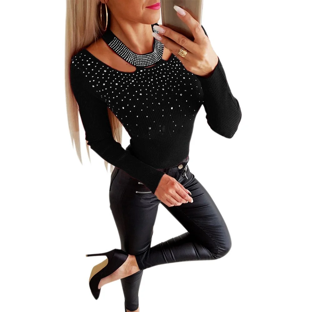 Sale Women T-Shirt Knit Halter Beading Tops Sexy Hollow Out Black Red Ladies Tee Shirt Spring Slim Tops Long Sleeve Camisa D30