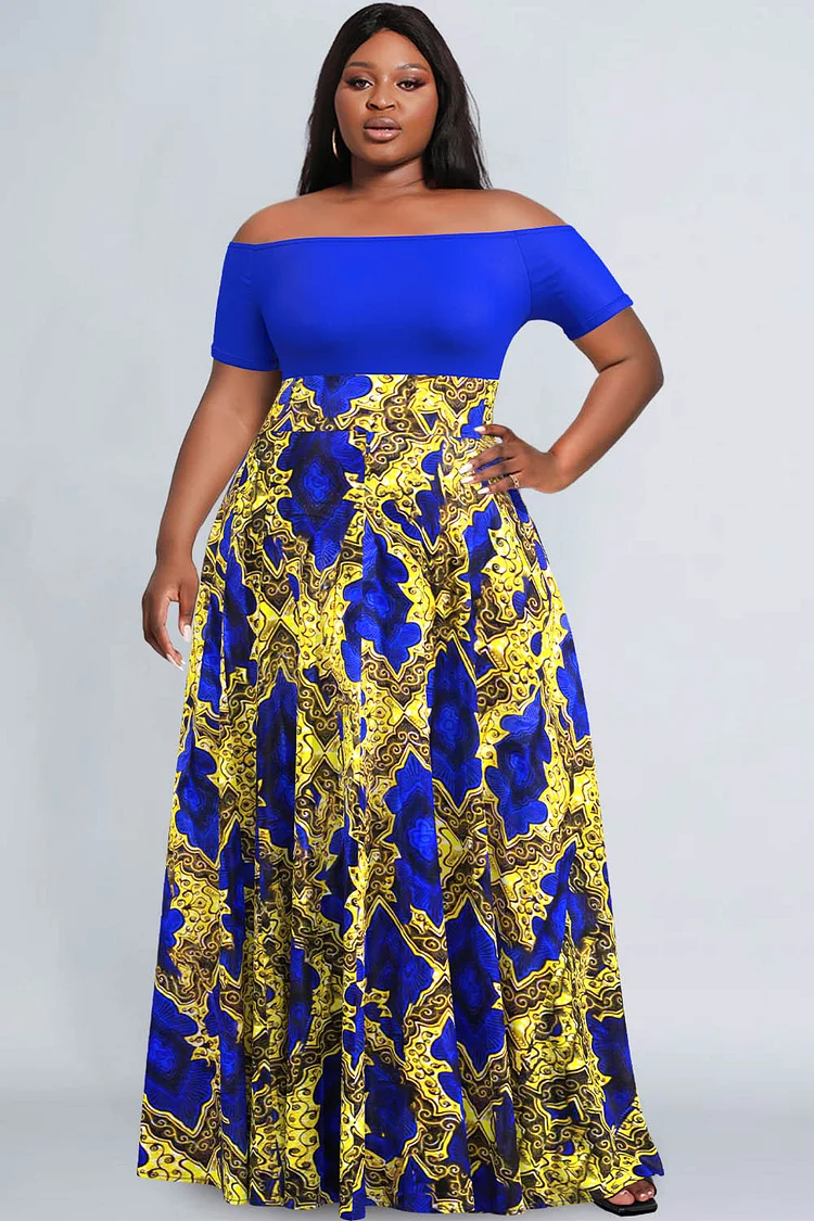 Xpluswear Design Plus Size Royal Blue Ankara Off Shoulder Maxi Dresses [Pre-Order]